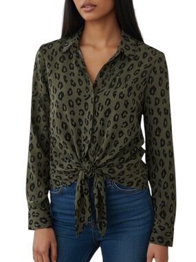 Express Olive Green Leopard Tie-Front Button-Down Shirt